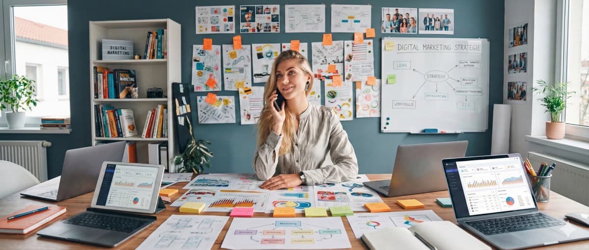 digital markteing managerin im job Eine digital marketing managerin sitzt im job